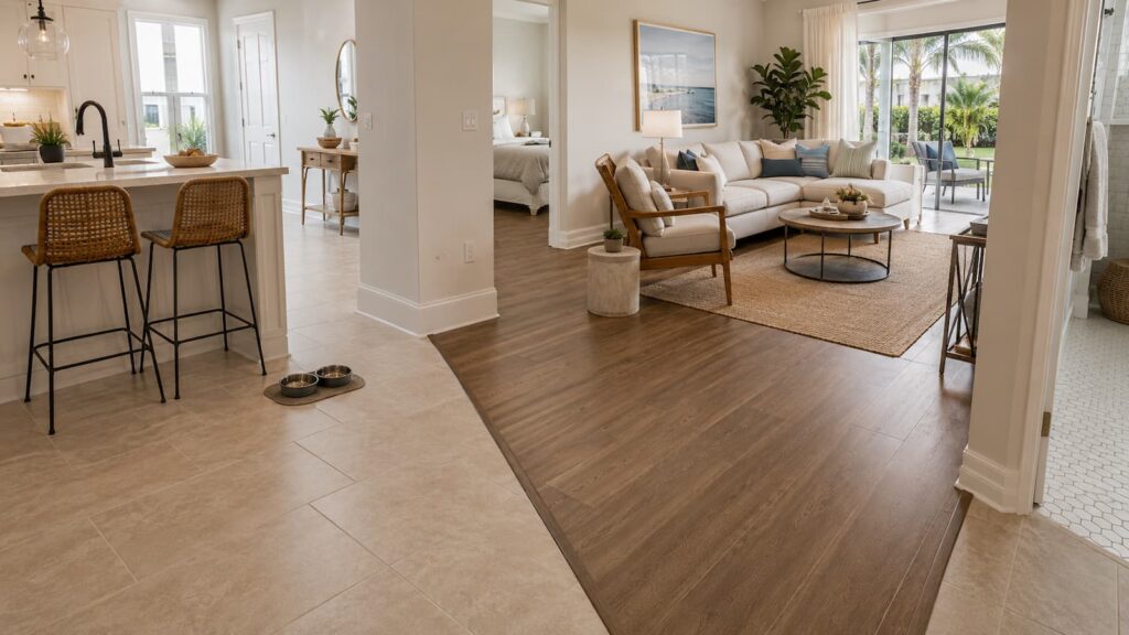 Tile vs luxury vinyl plank flooring comparison for kitchens bathrooms and living areas