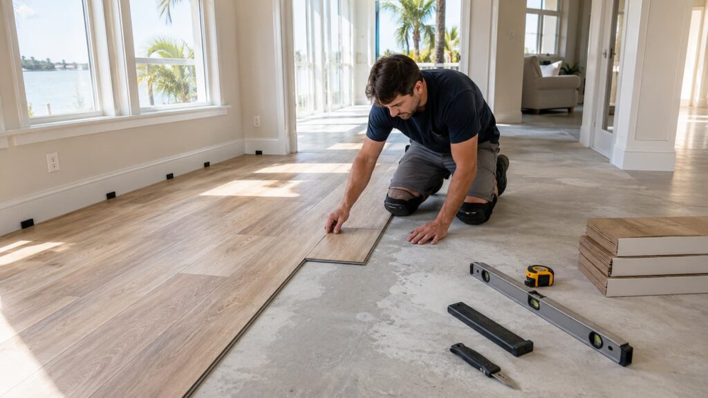 Vinyl plank flooring installation over concrete slab in a Florida home