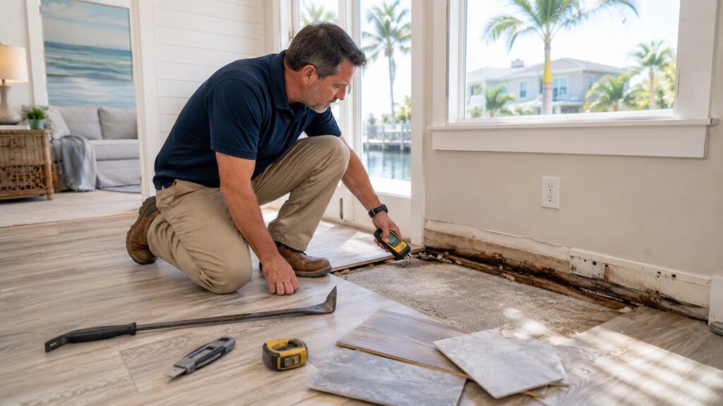 Water-damaged floor inspection before repair or replacement