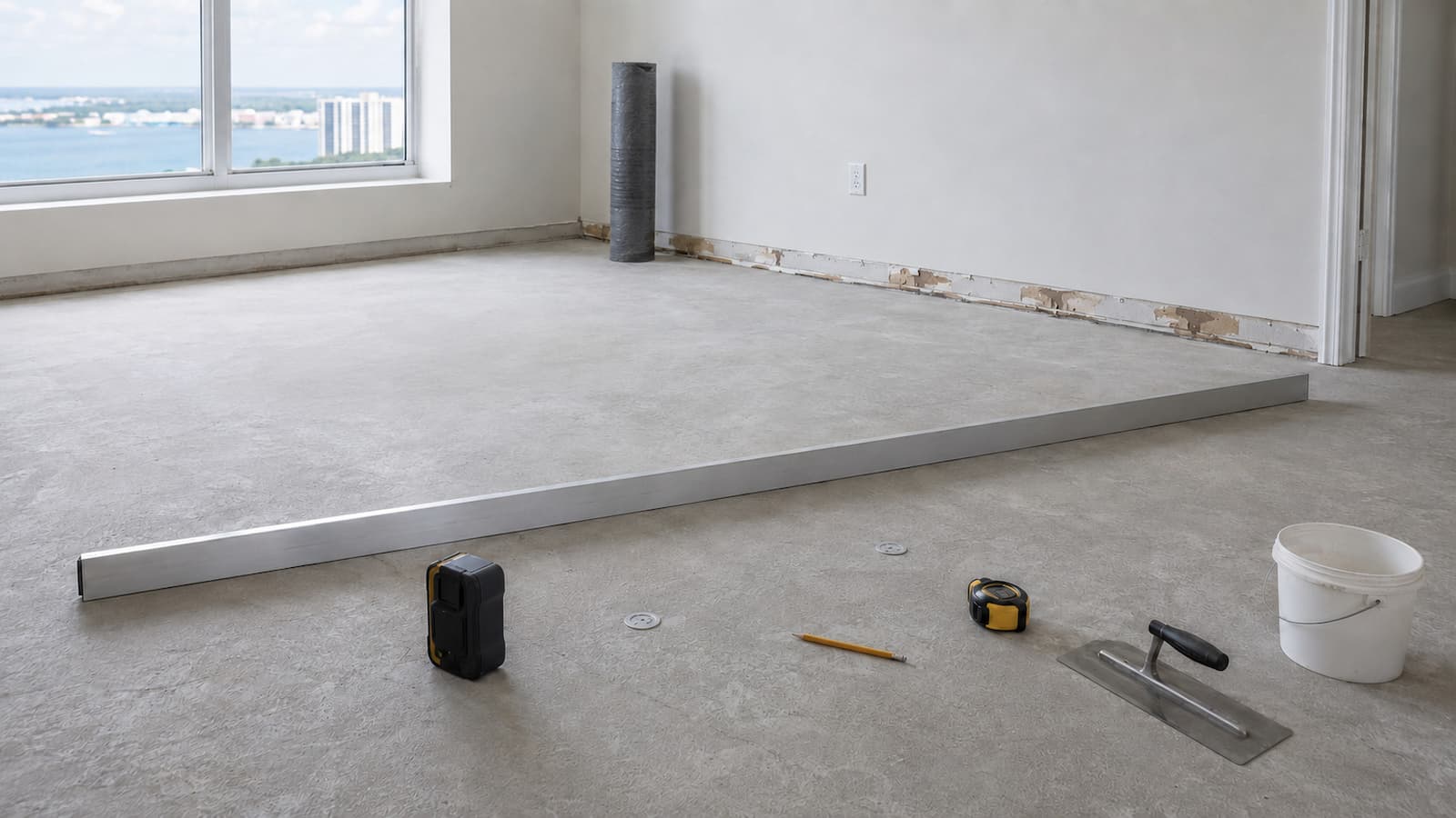 Condo Slab Flatness and Moisture Check Straightedge and concrete moisture test ports used before condo flooring underlayment installation