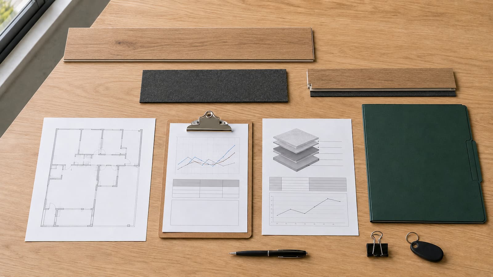 Condo Flooring HOA Approval Package Condo flooring sample, acoustic underlayment and approval documents arranged for HOA review