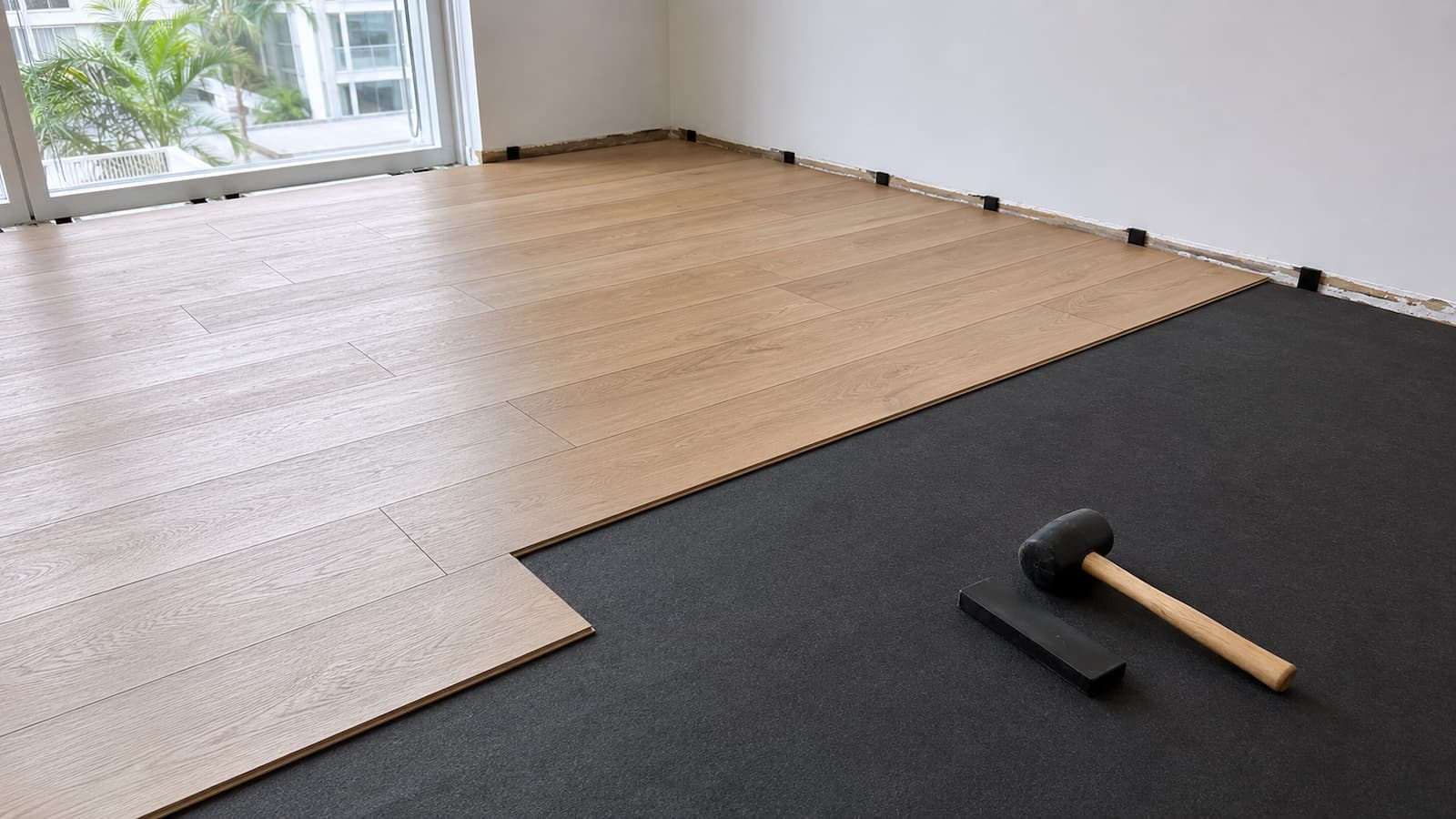 Condo LVP Acoustic Underlayment and Expansion Gap Staggered LVP rows over thin acoustic underlayment with spacers at a condo wall