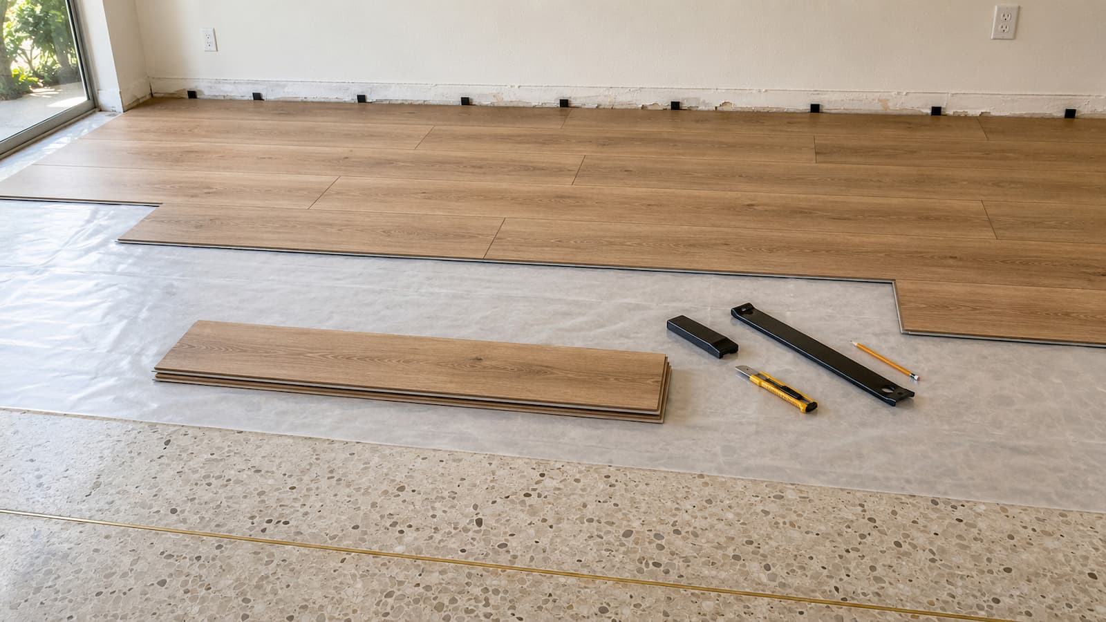 Floating LVP Installation Over Prepared Terrazzo Staggered rigid-core LVP rows installed over a continuous vapor-control sheet above poured terrazzo