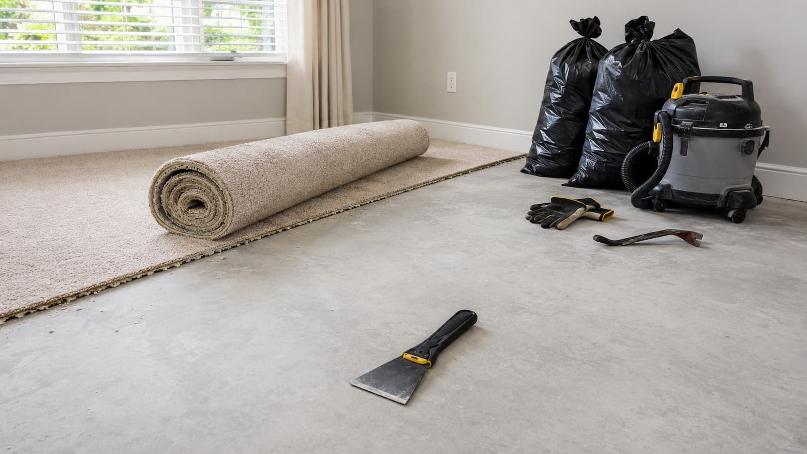 Rolled carpet and exposed concrete slab during flooring removal in a Florida home