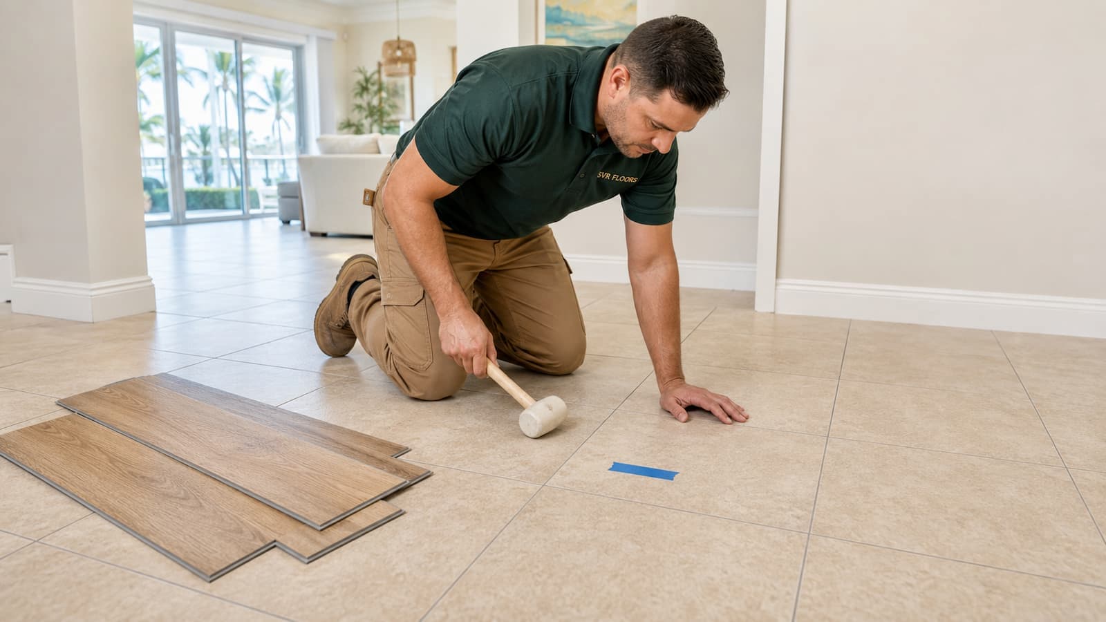 Loose ceramic tile removed to expose old thinset before LVP installation