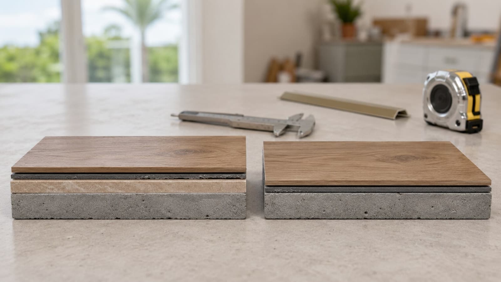Side-by-side floor samples comparing LVP over tile with LVP over a bare slab