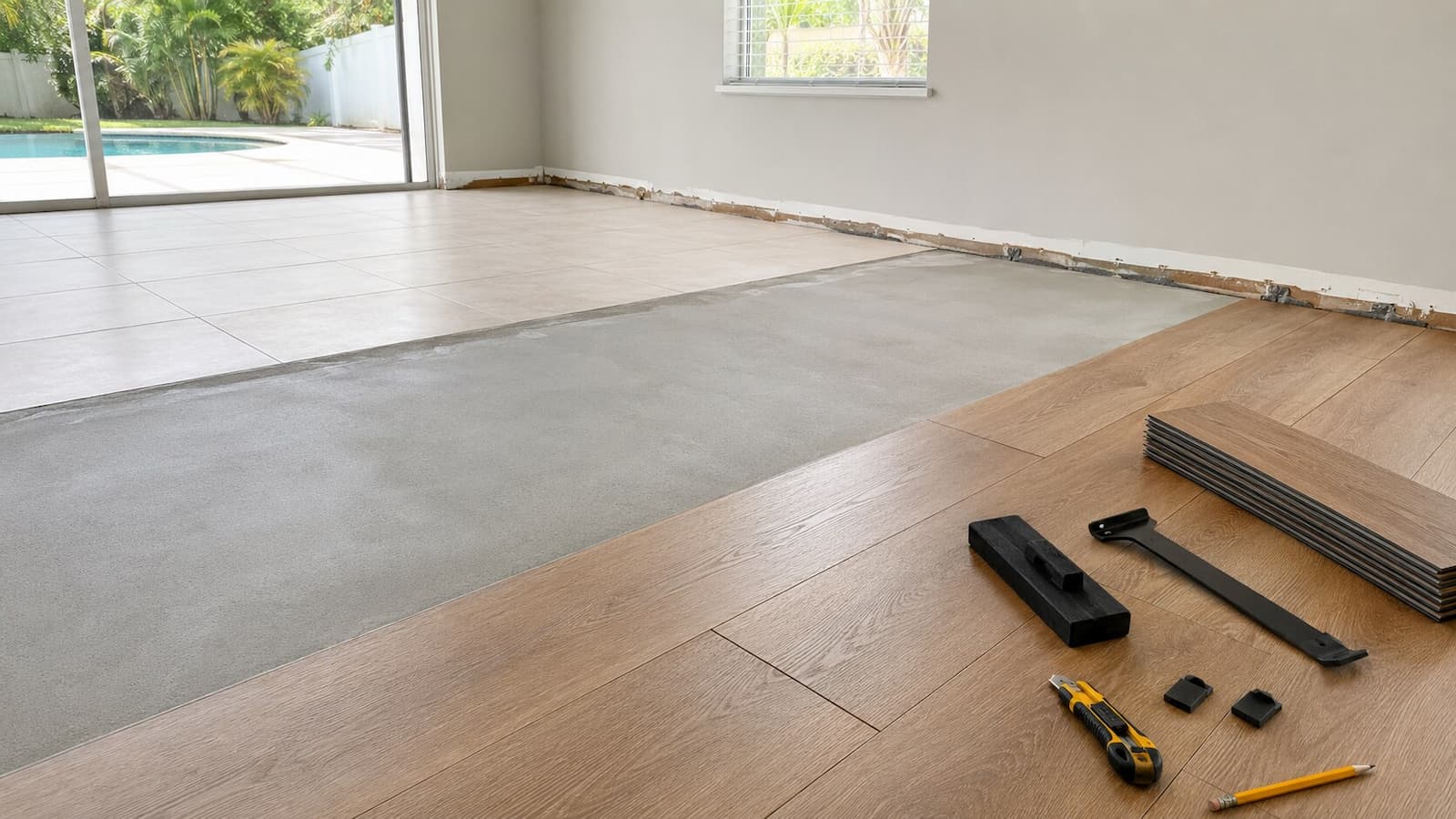 Existing tile, smoothed tile surface, and LVP installation shown in sequence in a Florida home