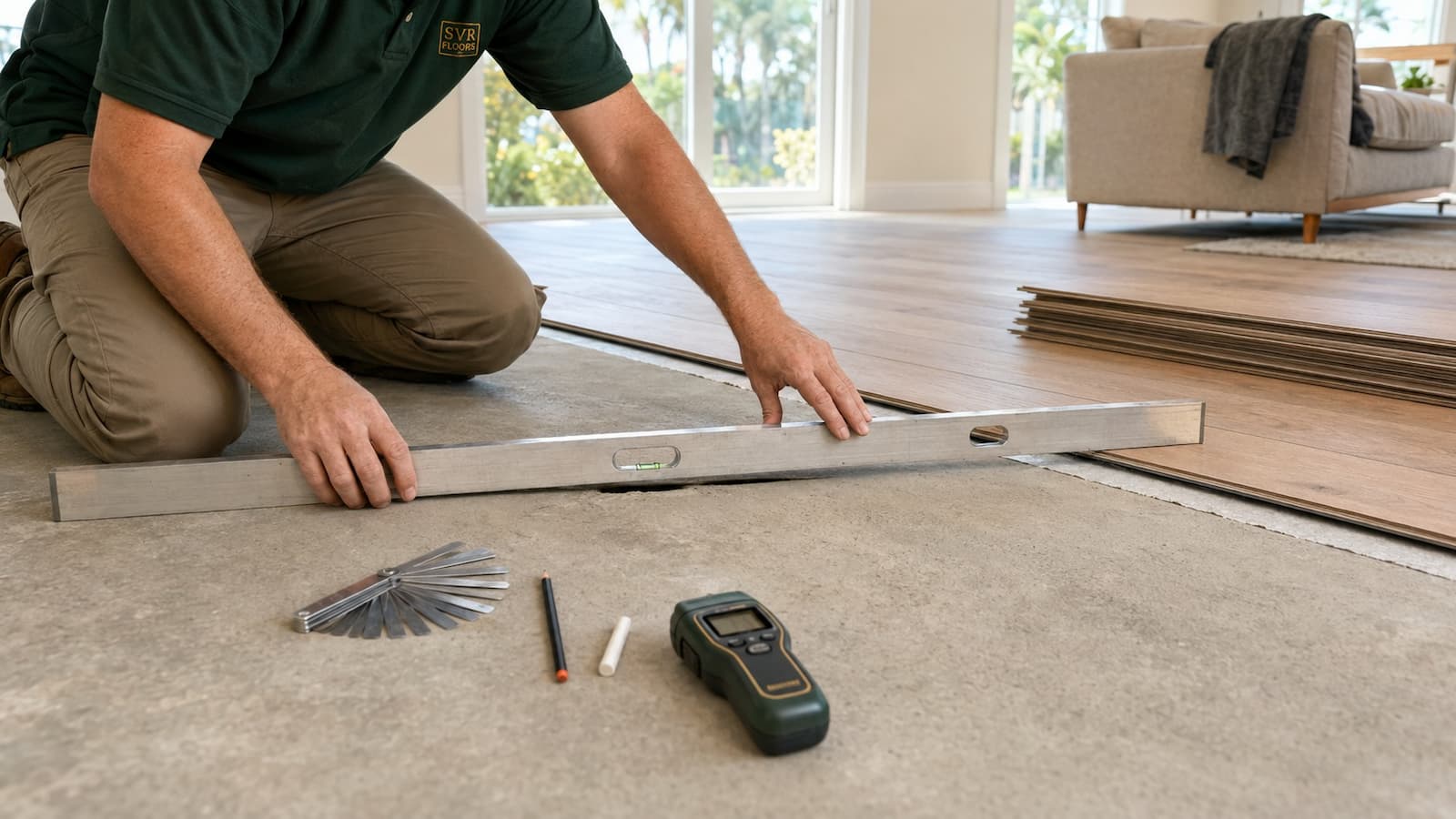 SVR Floors installer checking a concrete slab low spot beneath lifted LVP flooring