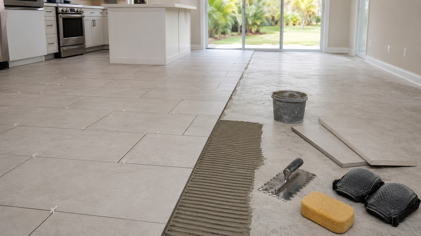 Large-format porcelain floor tile being installed over combed mortar before grouting