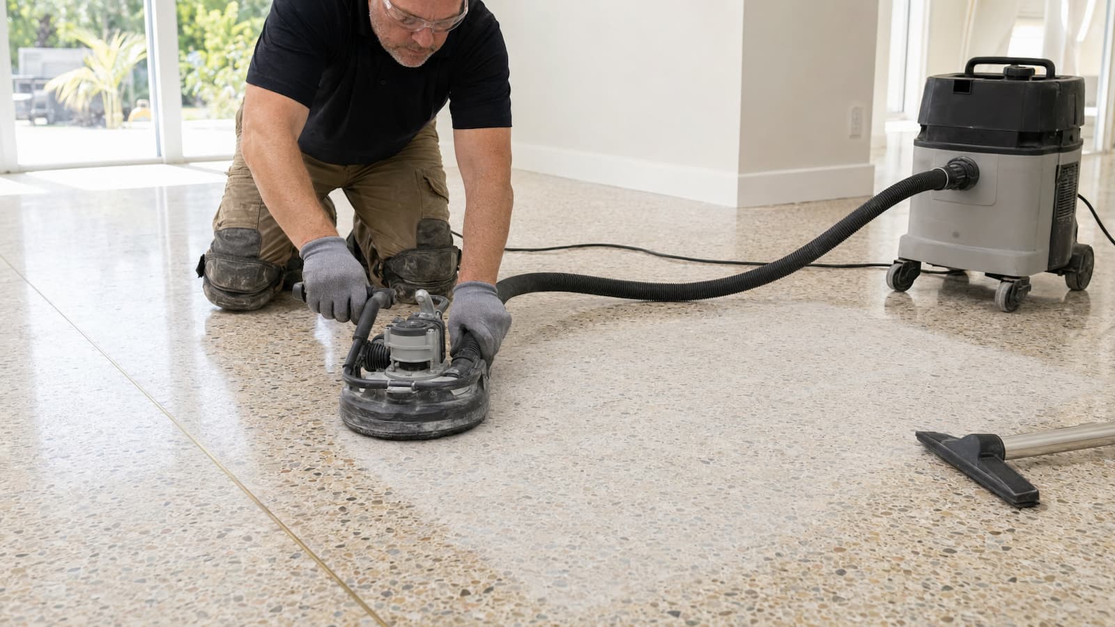Preparing Polished Terrazzo for LVP Dust-controlled mechanical preparation creating a matte surface on polished poured terrazzo