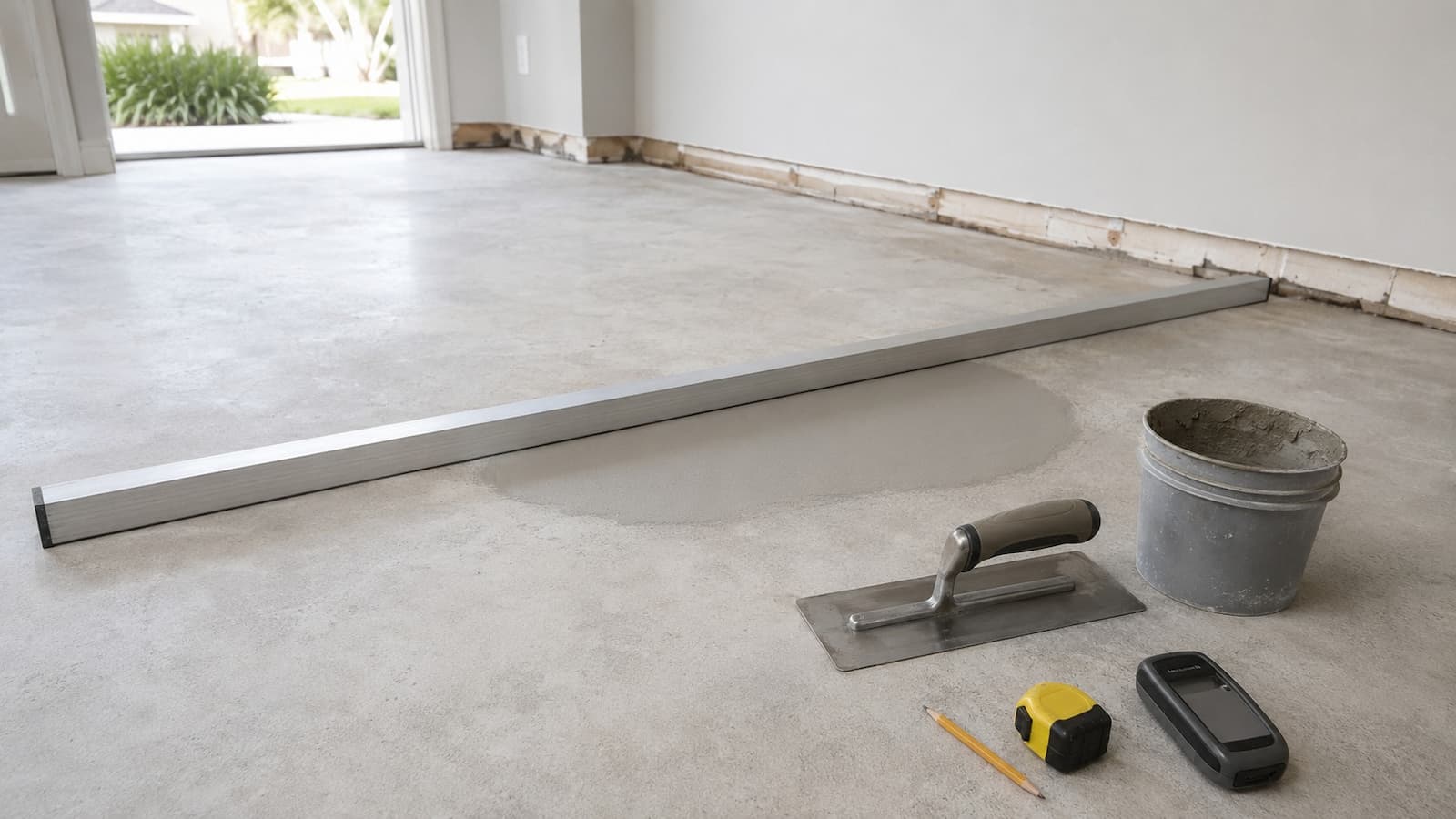 Straightedge and feather-finish patch used to correct a low area in a concrete slab