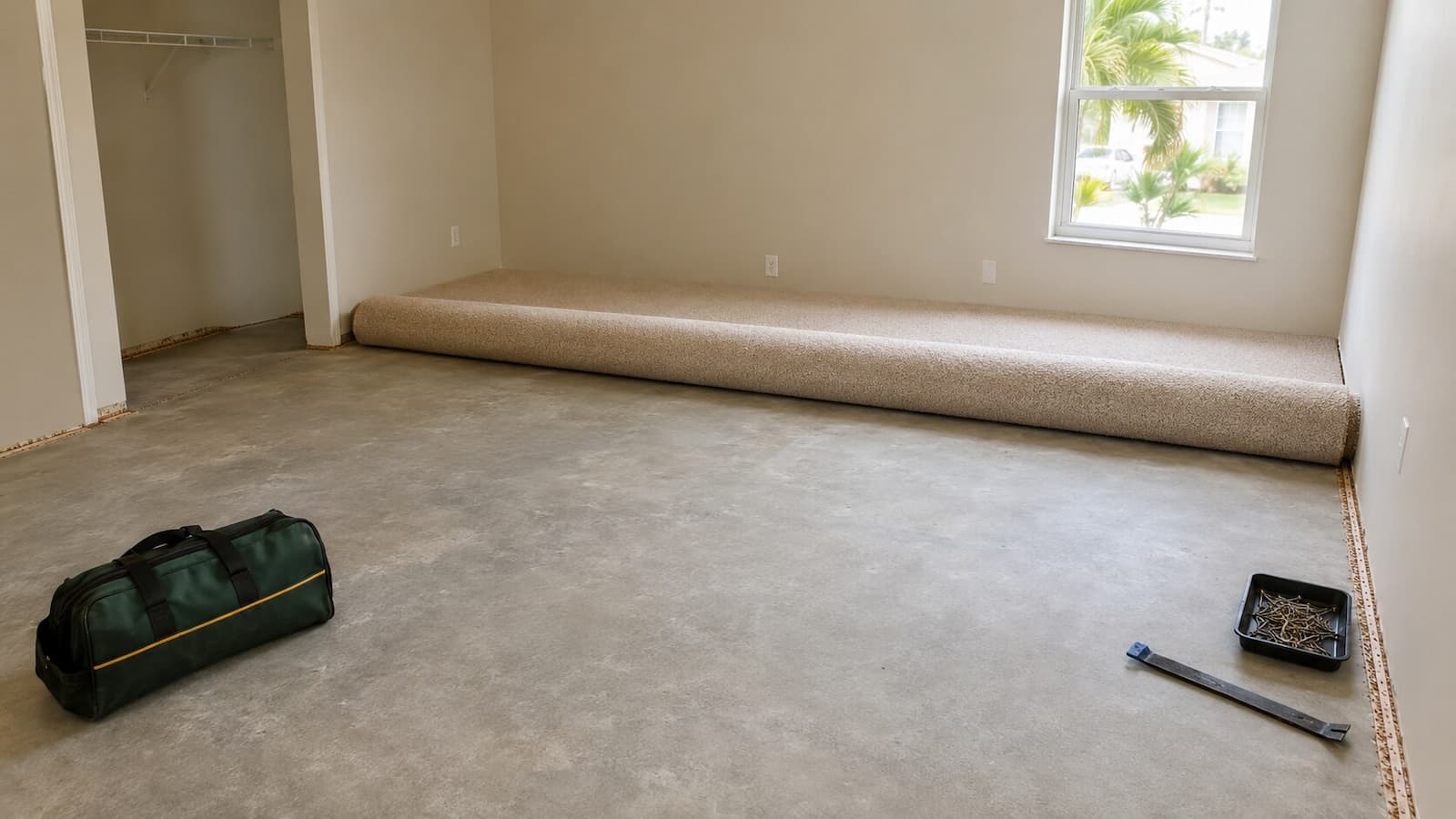 Carpet and pad being removed in sections before floor preparation in Largo