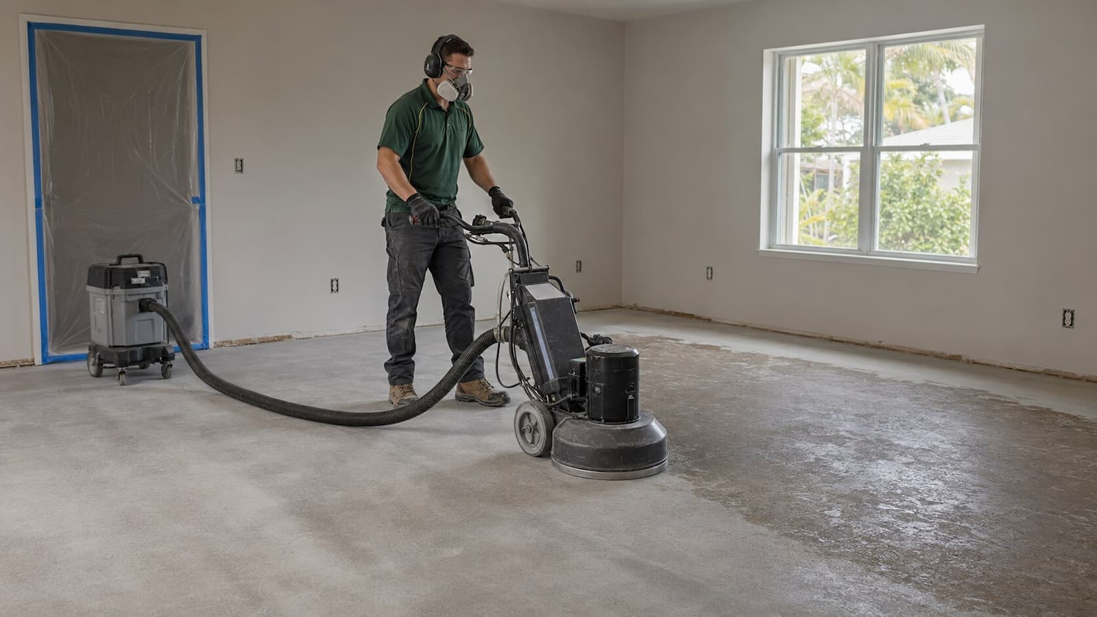 Dust-controlled concrete grinding and adhesive reduction during floor preparation in Largo