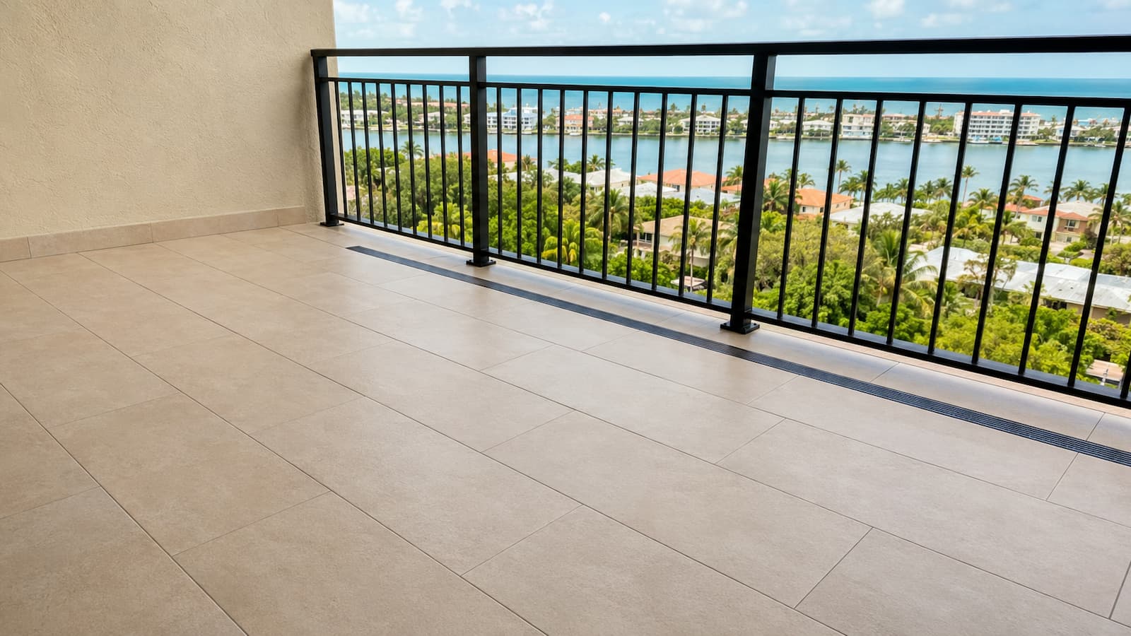Exterior-rated porcelain condo balcony flooring with clear drainage and threshold in Largo Florida