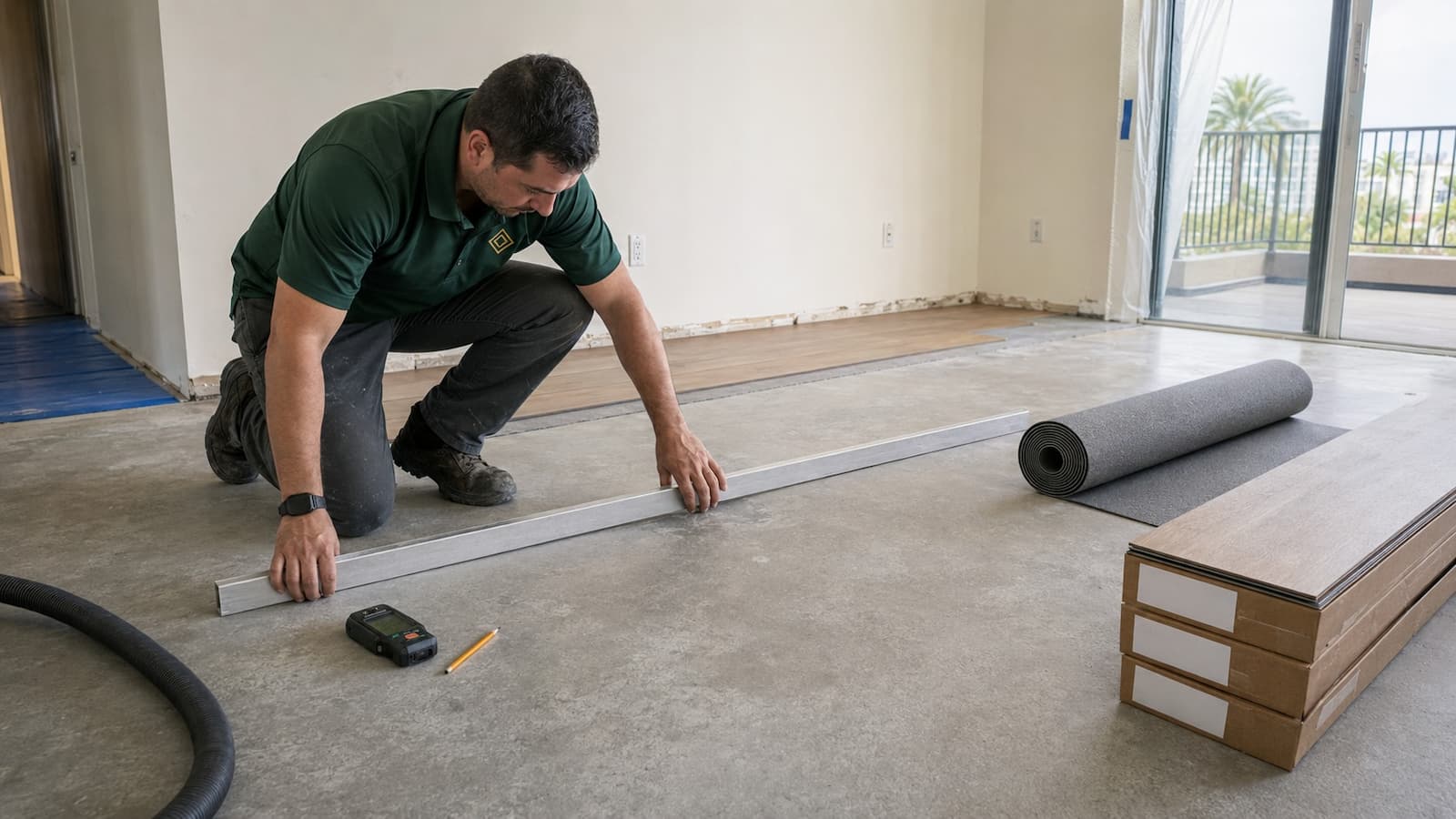SVR FLOORS installer checking concrete floor flatness before condo flooring installation