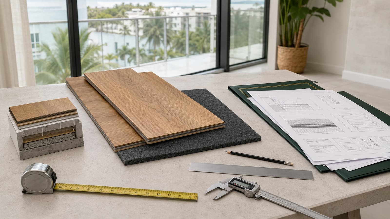Condo flooring samples acoustic underlayment and technical documents prepared for project planning