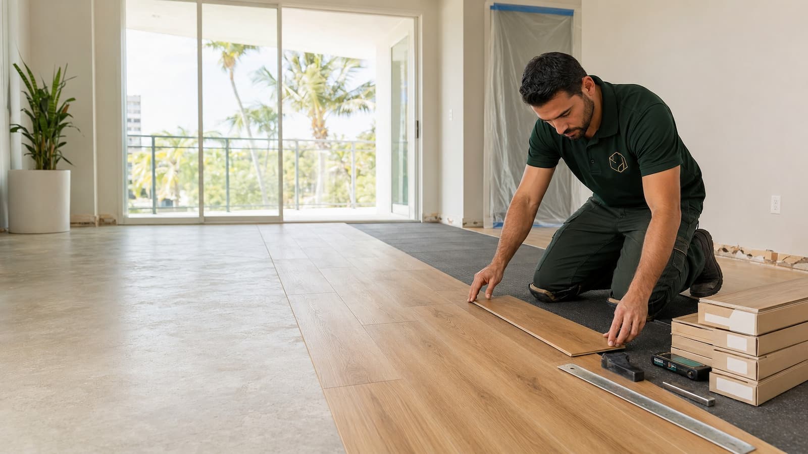 SVR FLOORS installer fitting wood-look condo flooring over acoustic underlayment in Largo Florida