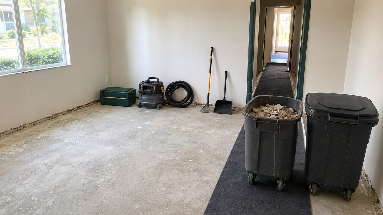 Protected flooring removal work zone with organized debris handling in a Largo home