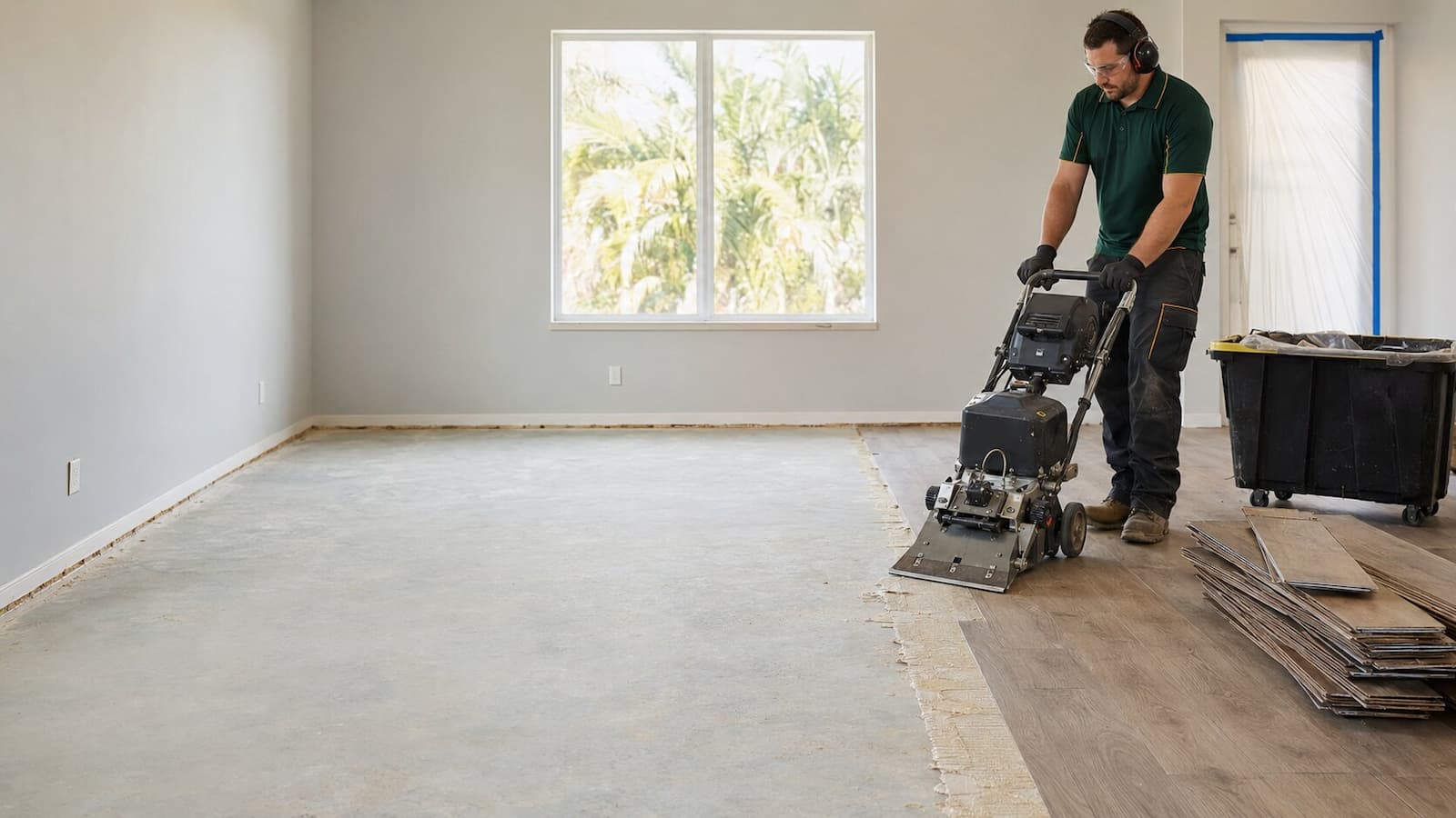 Professional old flooring removal and concrete slab preparation in a Largo Florida home