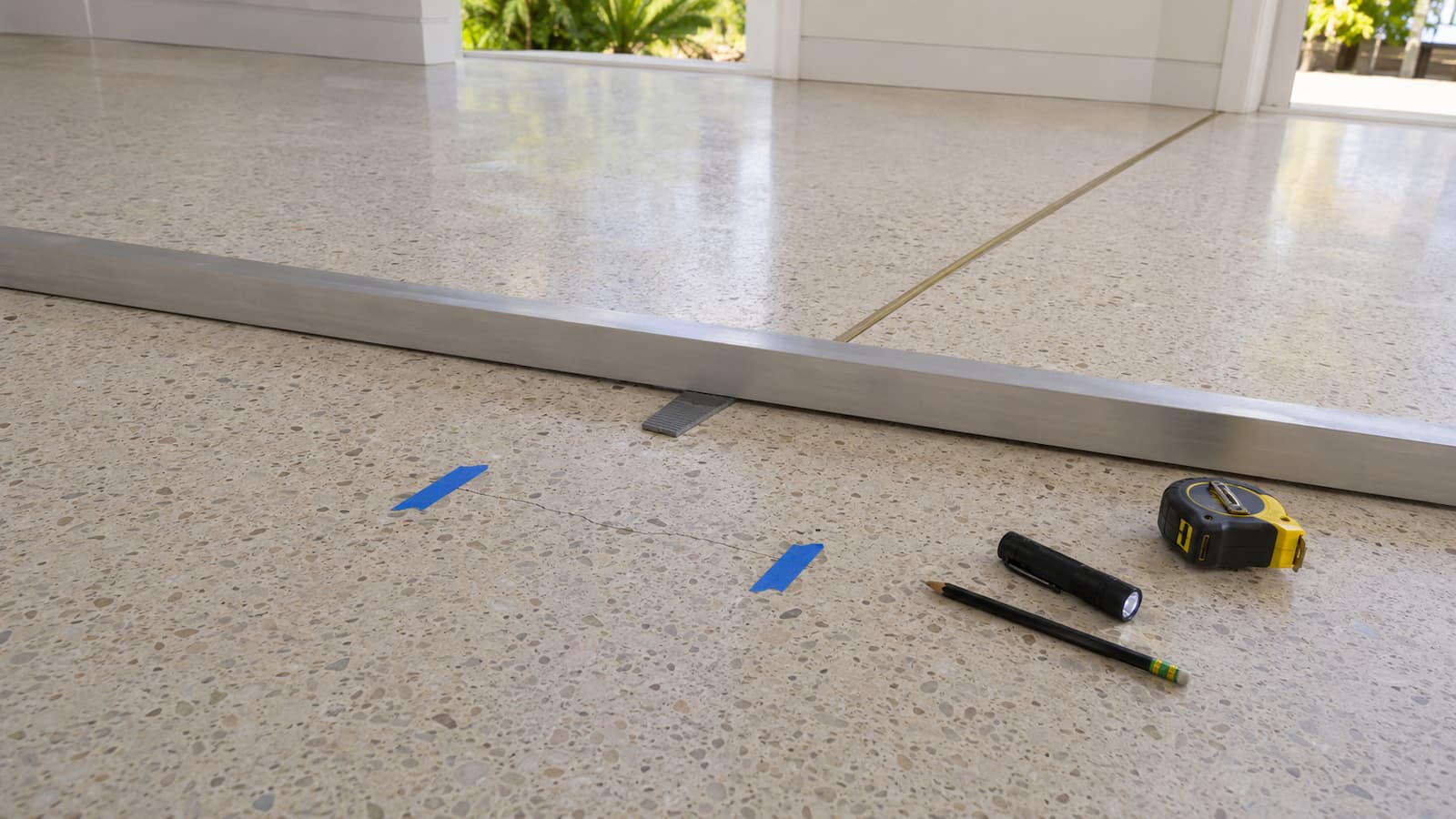 Terrazzo Flatness and Crack Inspection Before LVP Straightedge and tapered gauge checking a small low spot beside a hairline crack in poured terrazzo