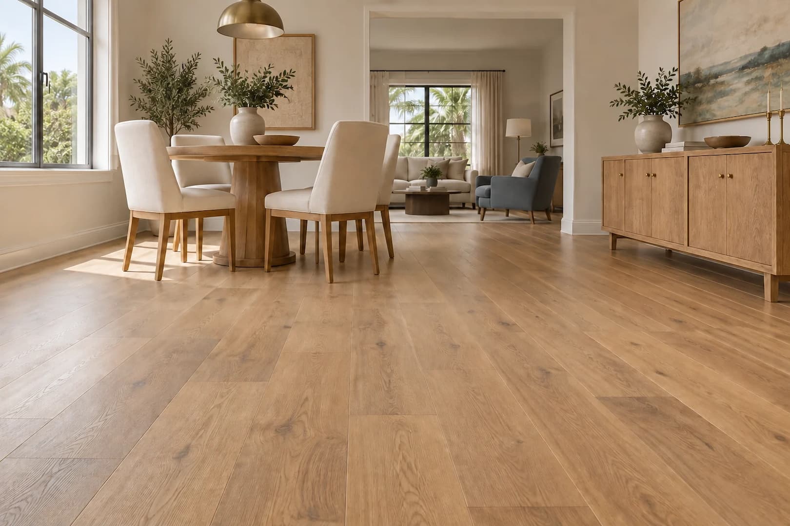 Oak-toned plank flooring around a dining table in a bright neutral interior