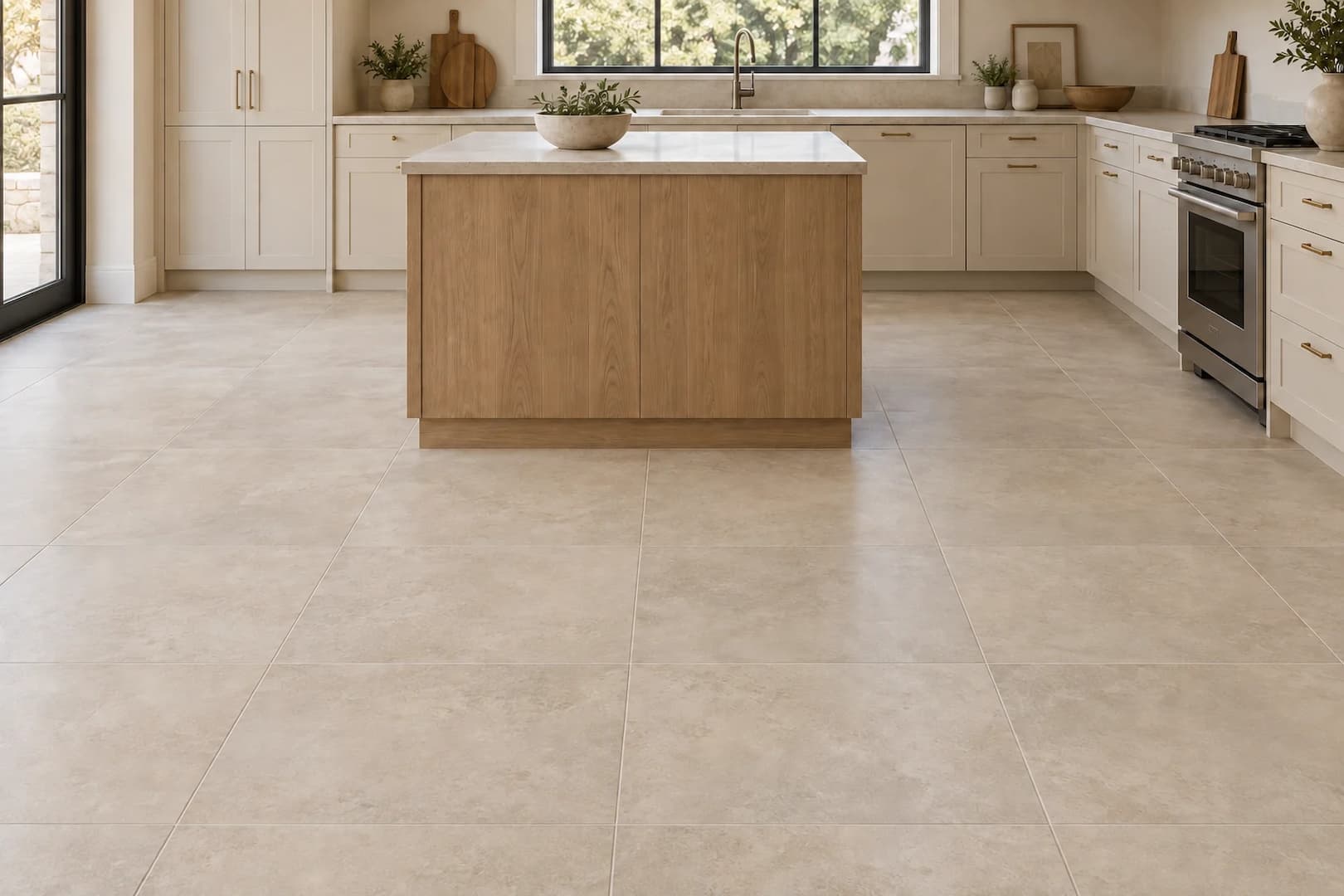 Neutral tile flooring with a consistent grout pattern in a light kitchen