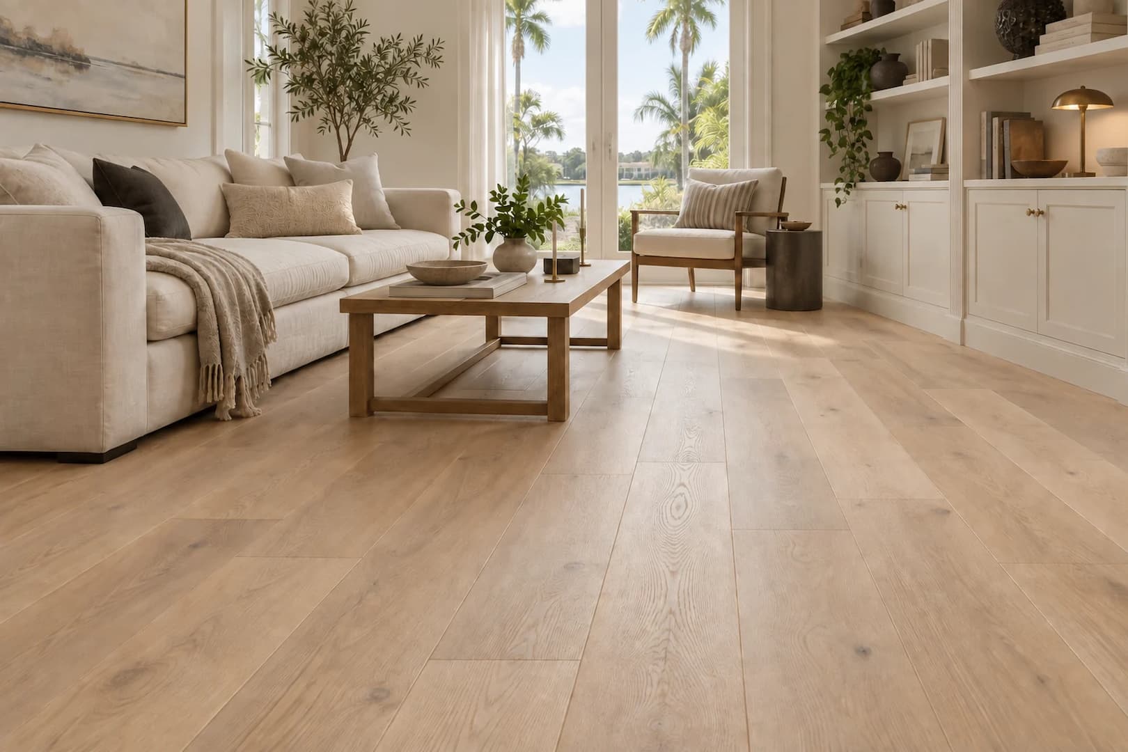 Warm oak flooring through a bright living room with neutral furnishings