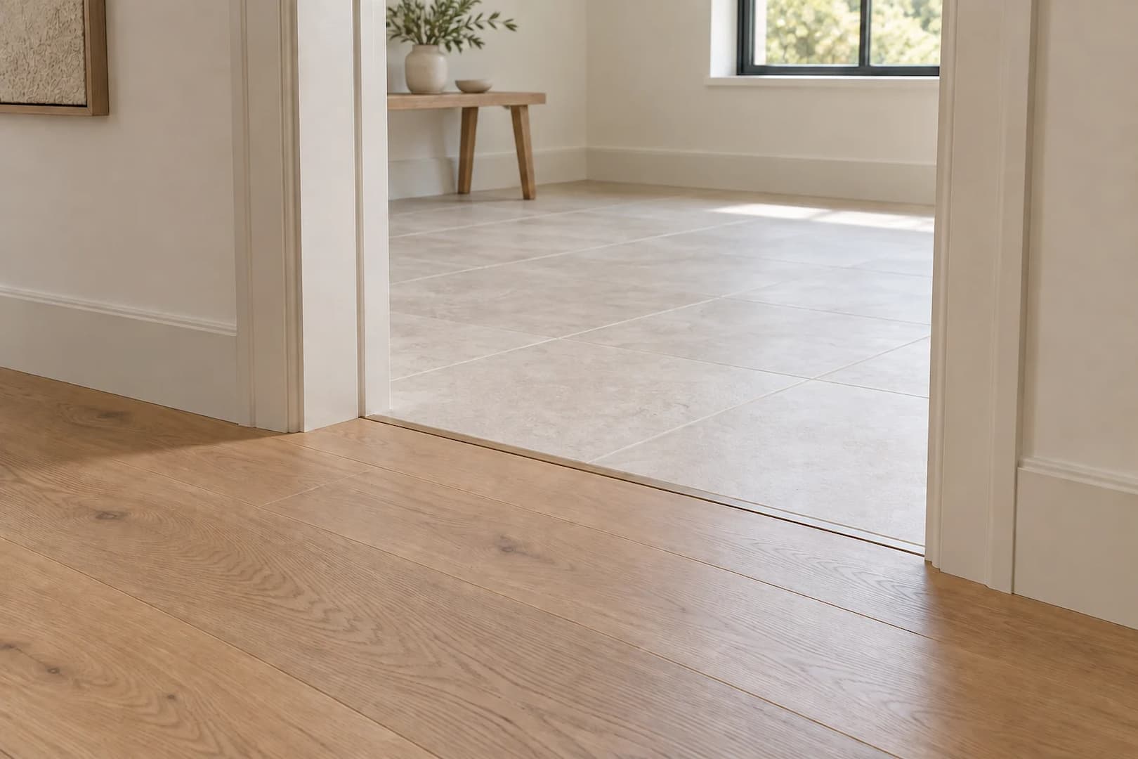 Close view of an oak floor meeting a light tile floor at a doorway