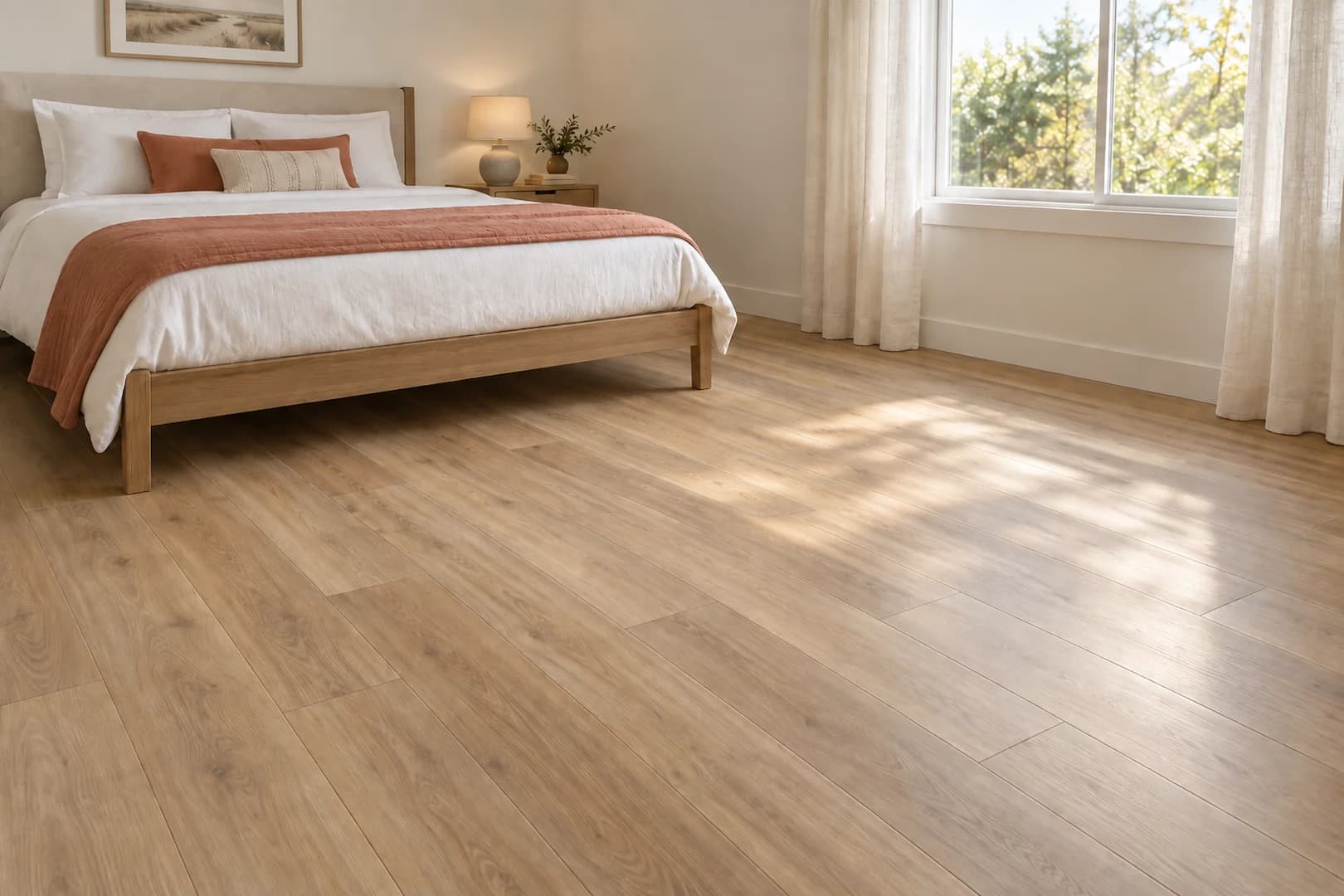 Oak-toned plank flooring around a simple bed in a light bedroom