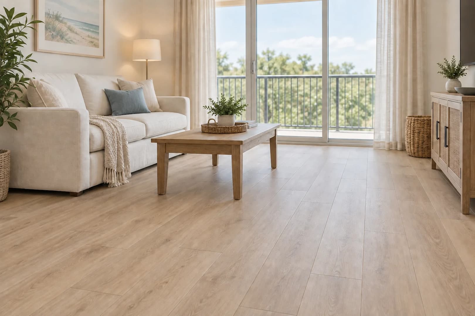 Light oak plank flooring in a bright coastal-style living room