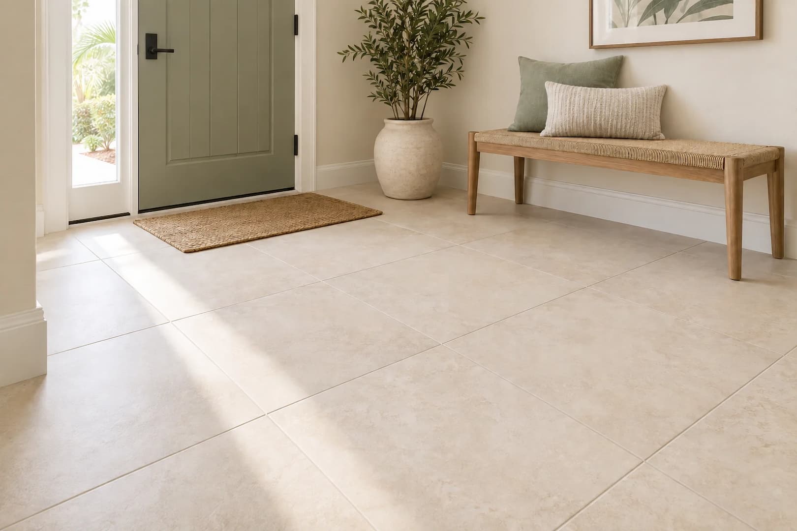 Pale porcelain tile at an interior entry with a woven doormat