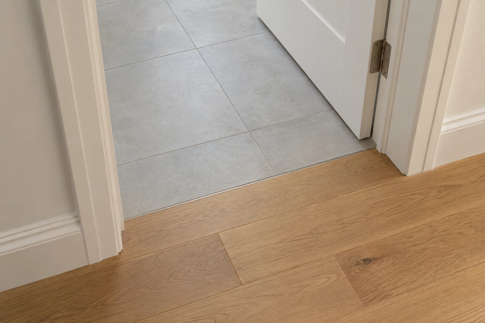 Flush connection between wood flooring and tile inside a doorway