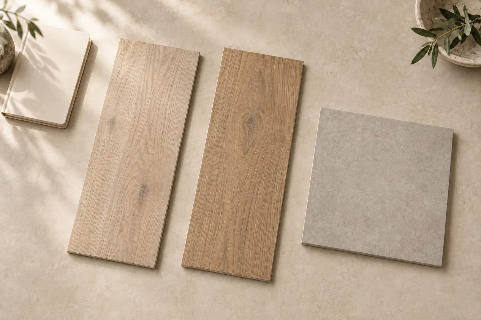 Vinyl plank, engineered wood and porcelain tile samples arranged for comparison