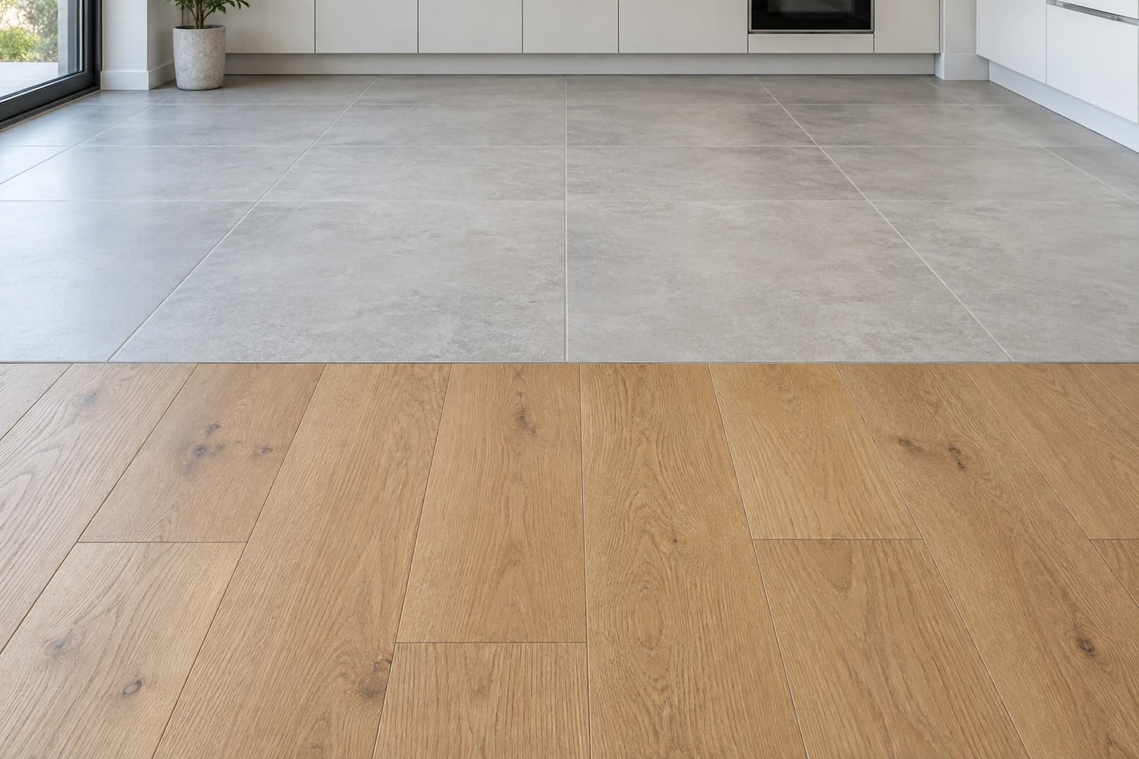 Flush junction between tile and wood-look flooring in an open interior