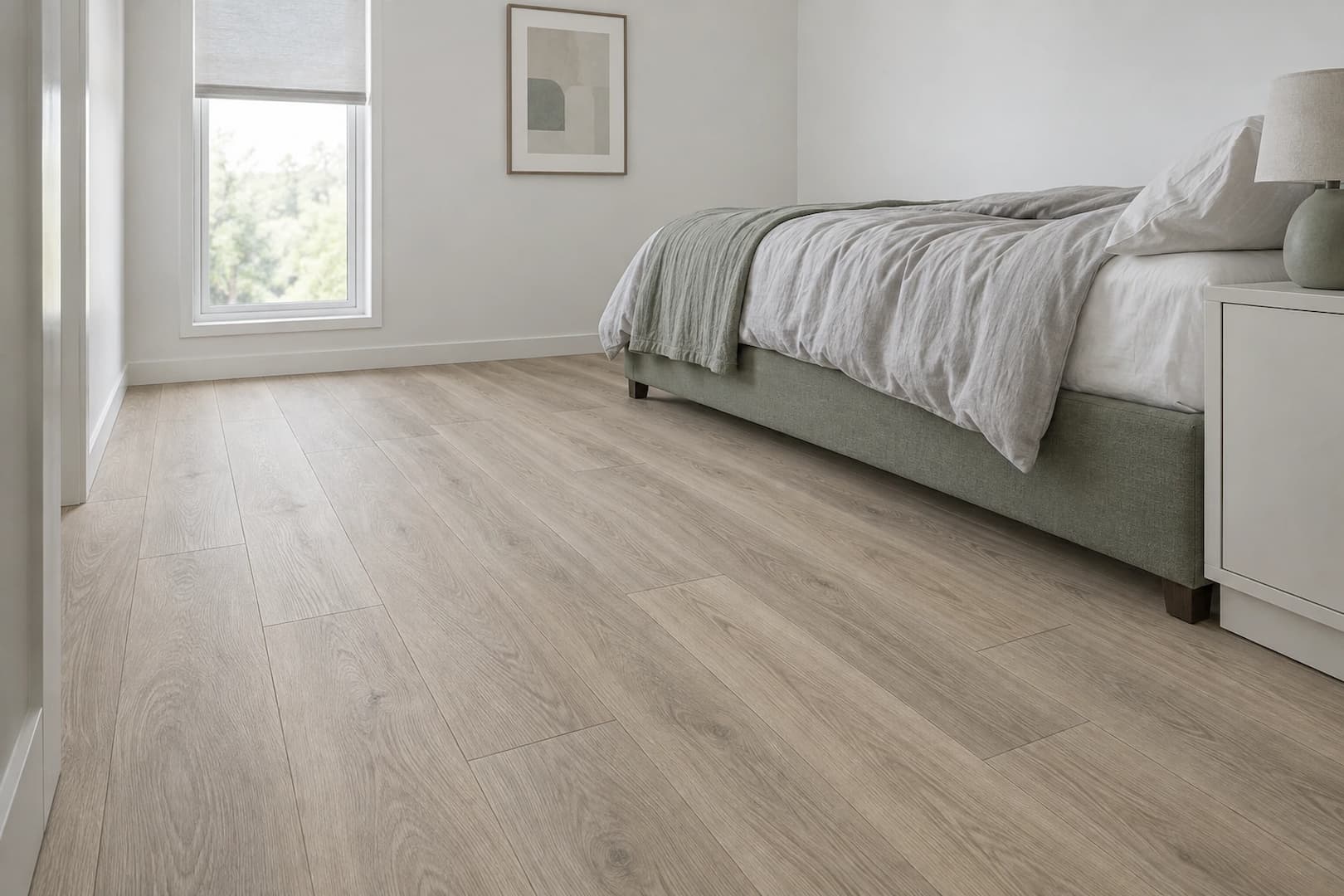 Wood-look flooring in an uncluttered bedroom