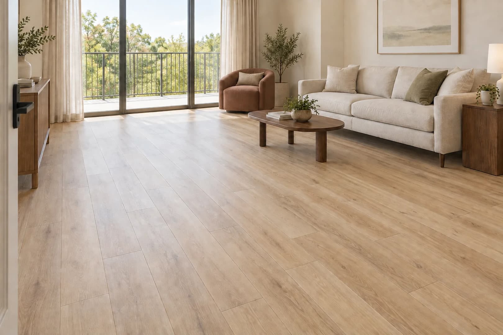 Light wood-look flooring in a calm coastal-style condo interior