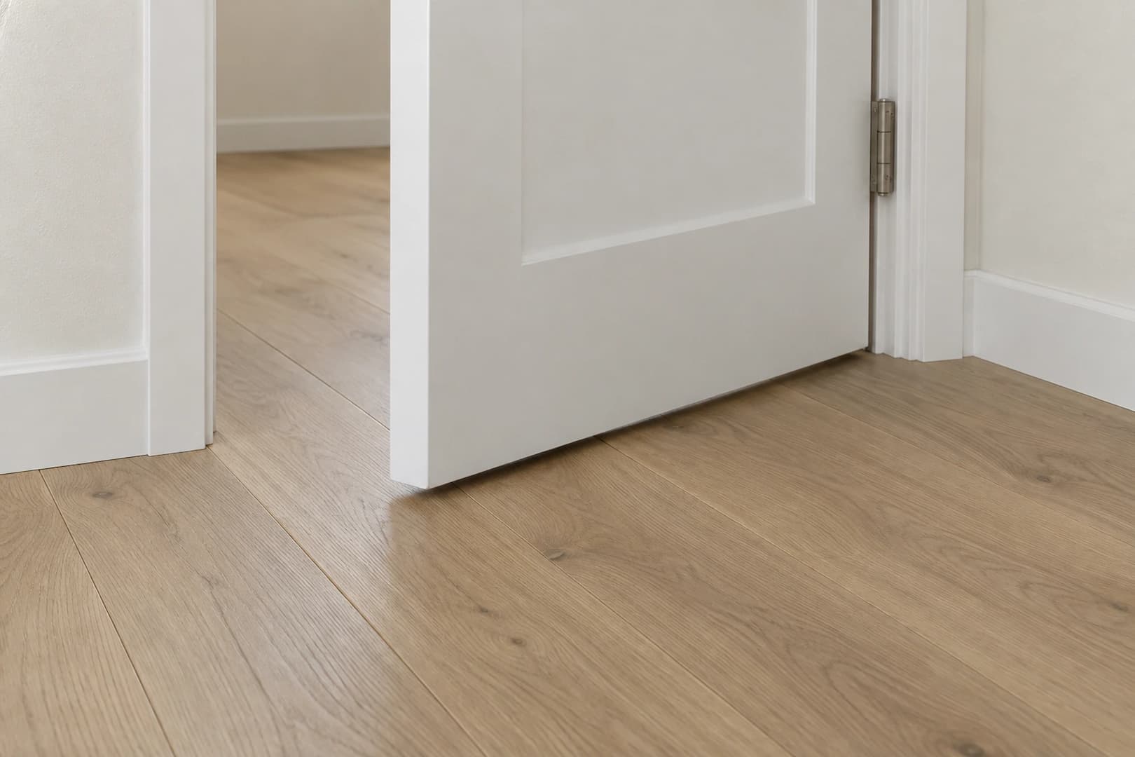 Clearance below an interior door above continuous wood-look flooring