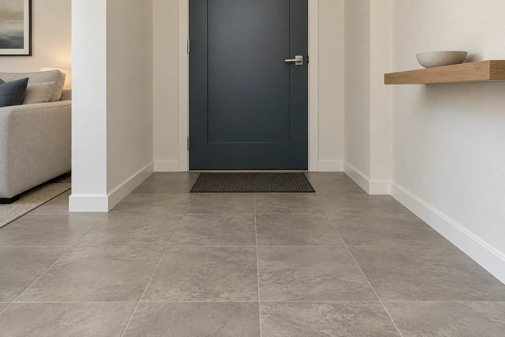 Porcelain tile flooring at a condo entry