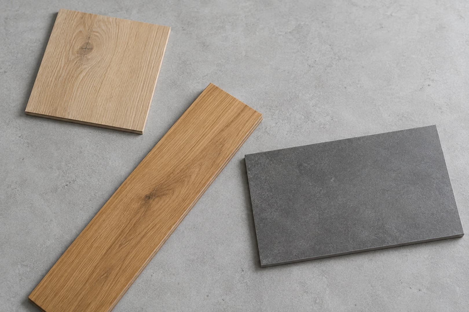 Flooring samples arranged for material and finish comparison