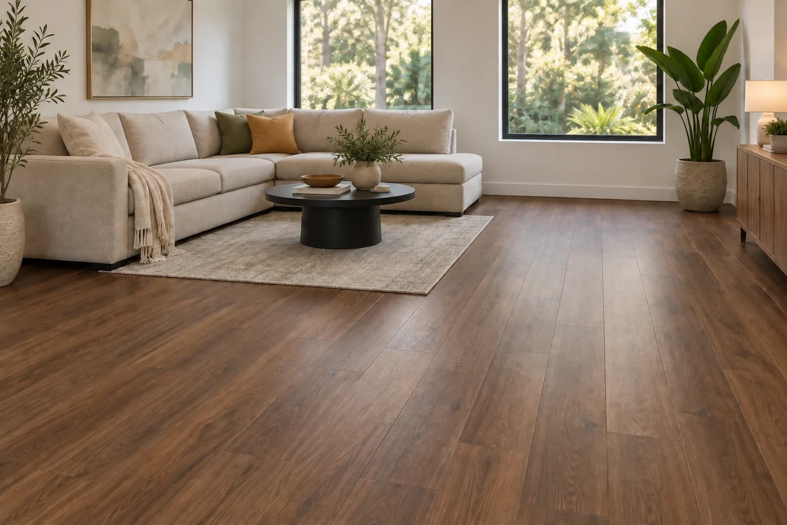 Wood-look plank flooring through a comfortable family room