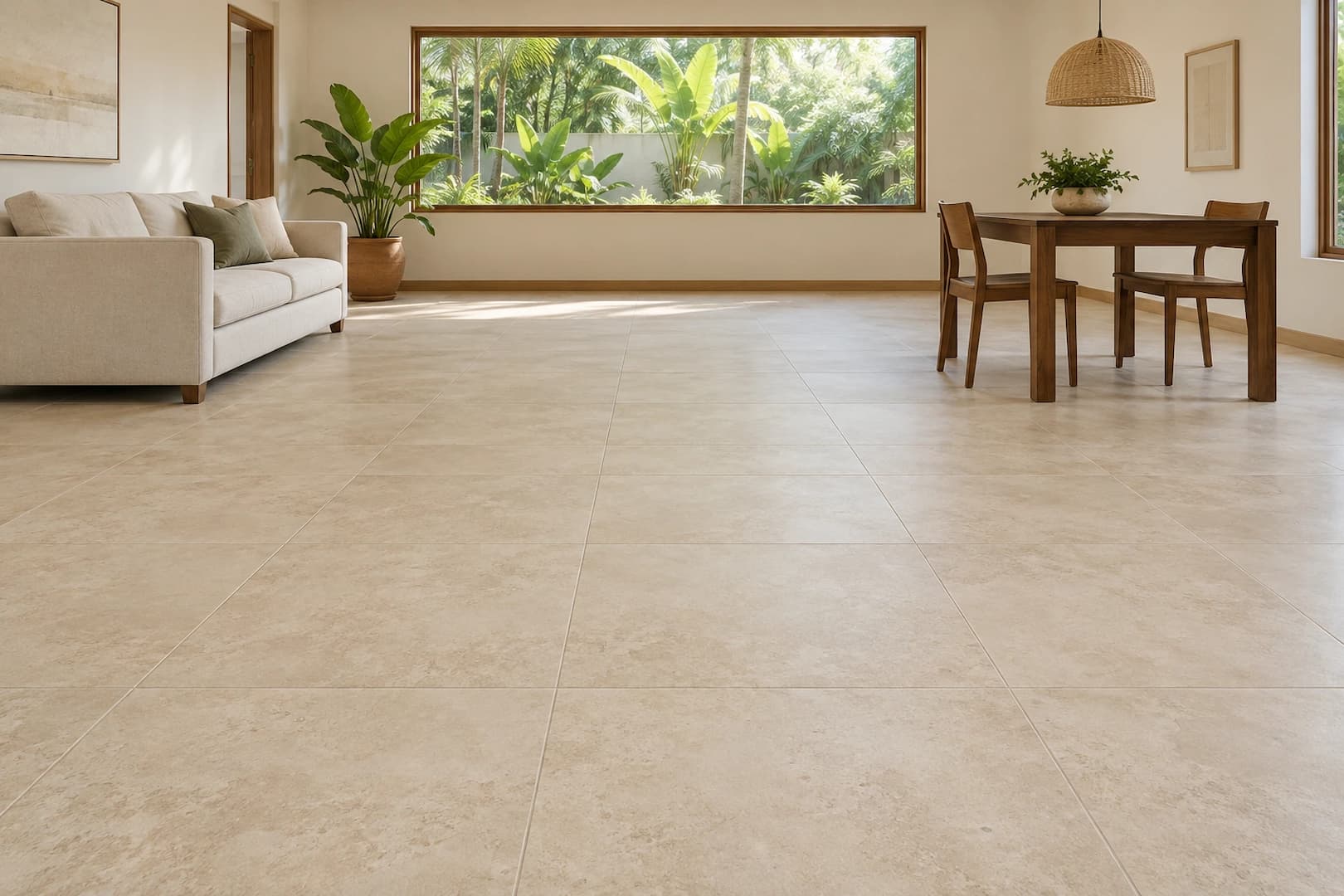 Warm stone-look tile flooring across a bright living and dining room