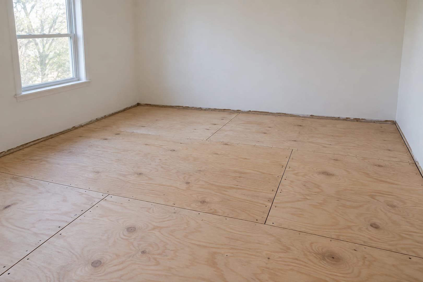 Exposed plywood subfloor in an empty room before flooring installation