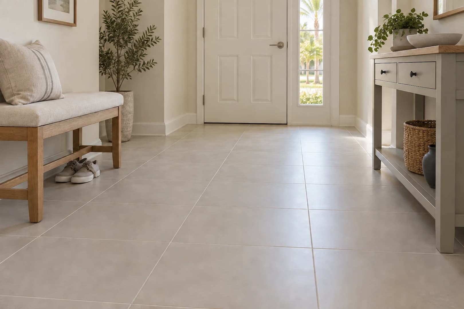 Muted porcelain tile flooring in an entry with a simple wooden bench