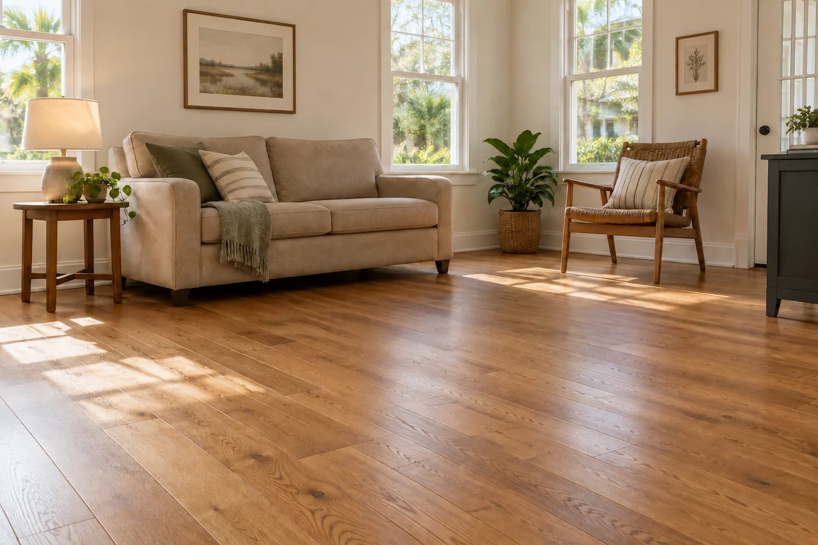 Warm wood flooring and painted millwork in a welcoming bungalow-style living room