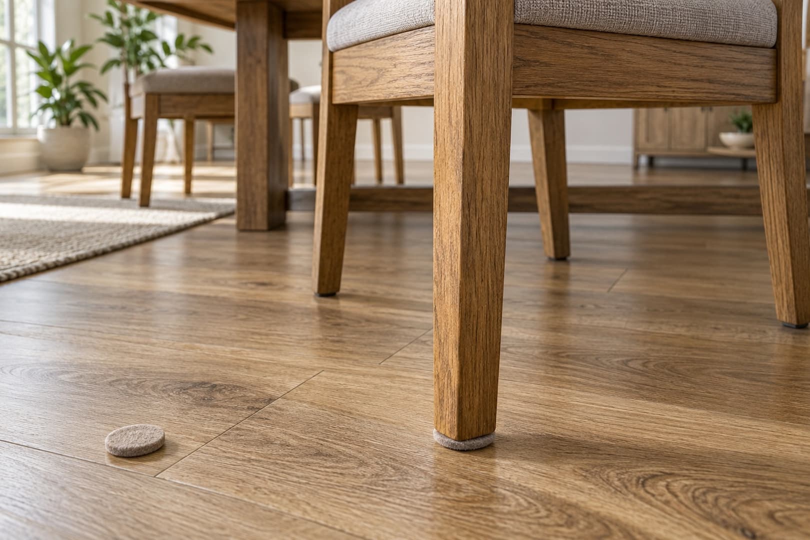 Felt floor protectors beneath wooden dining chair legs on vinyl plank flooring