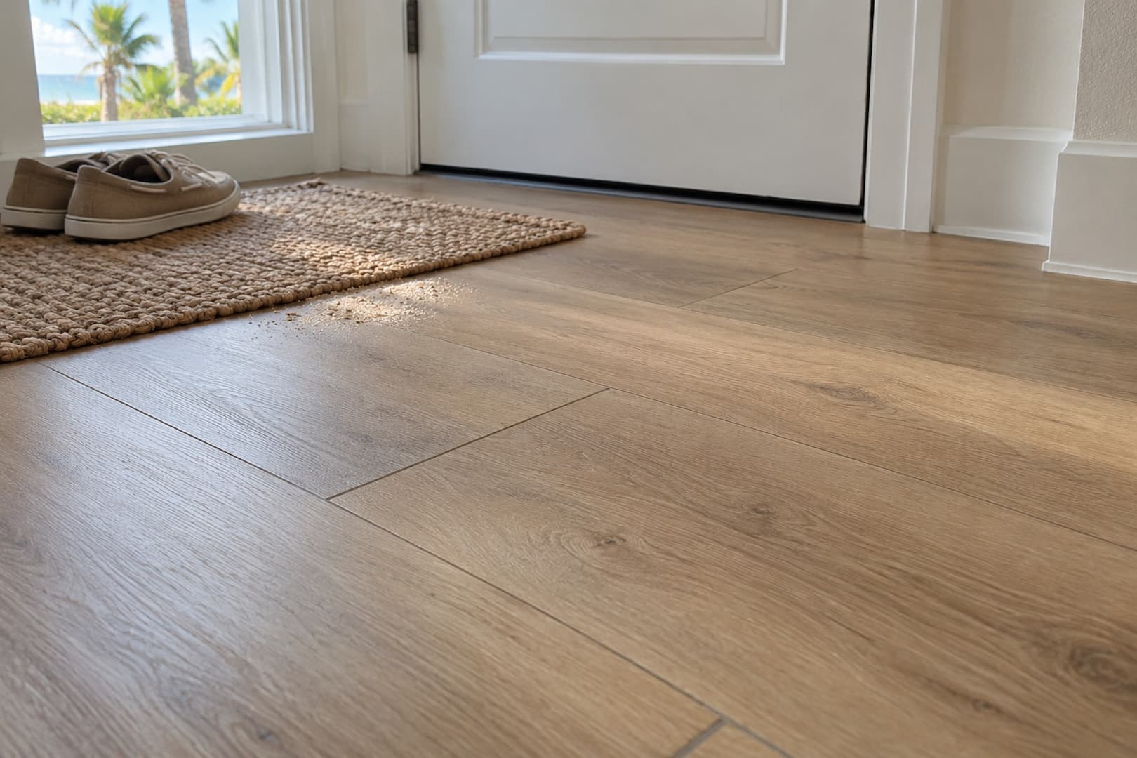 Entry mat and shoes beside a wood-look vinyl floor at a home entrance