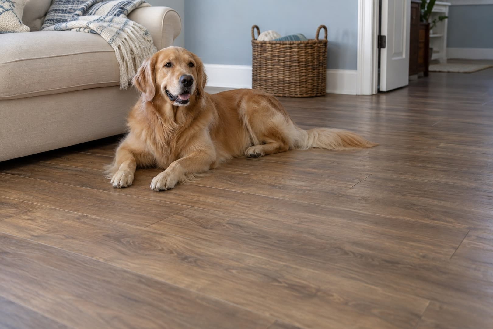 Golden retriever resting on brown vinyl plank flooring beside a cream sofa