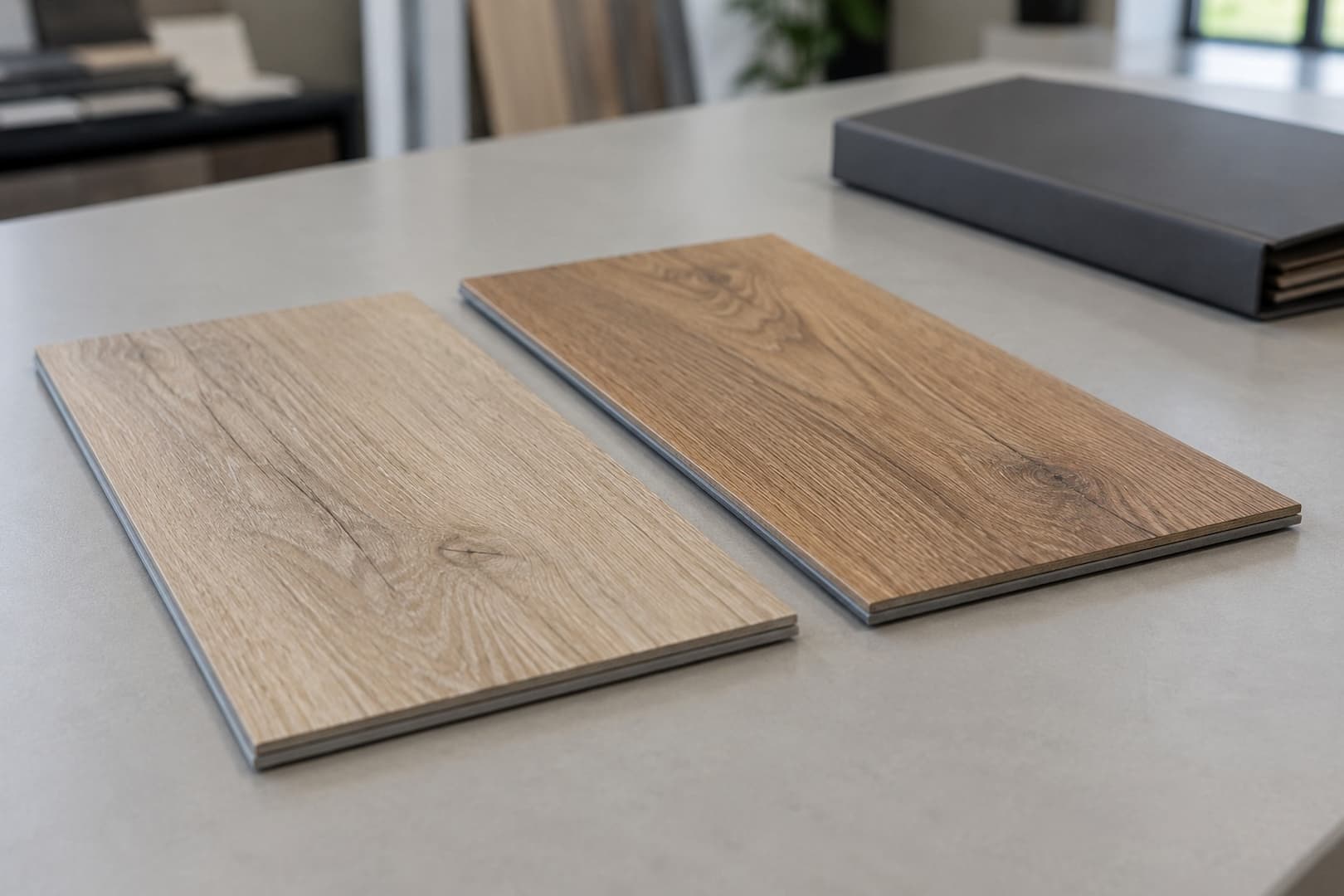 Wood-look vinyl plank samples arranged for comparison