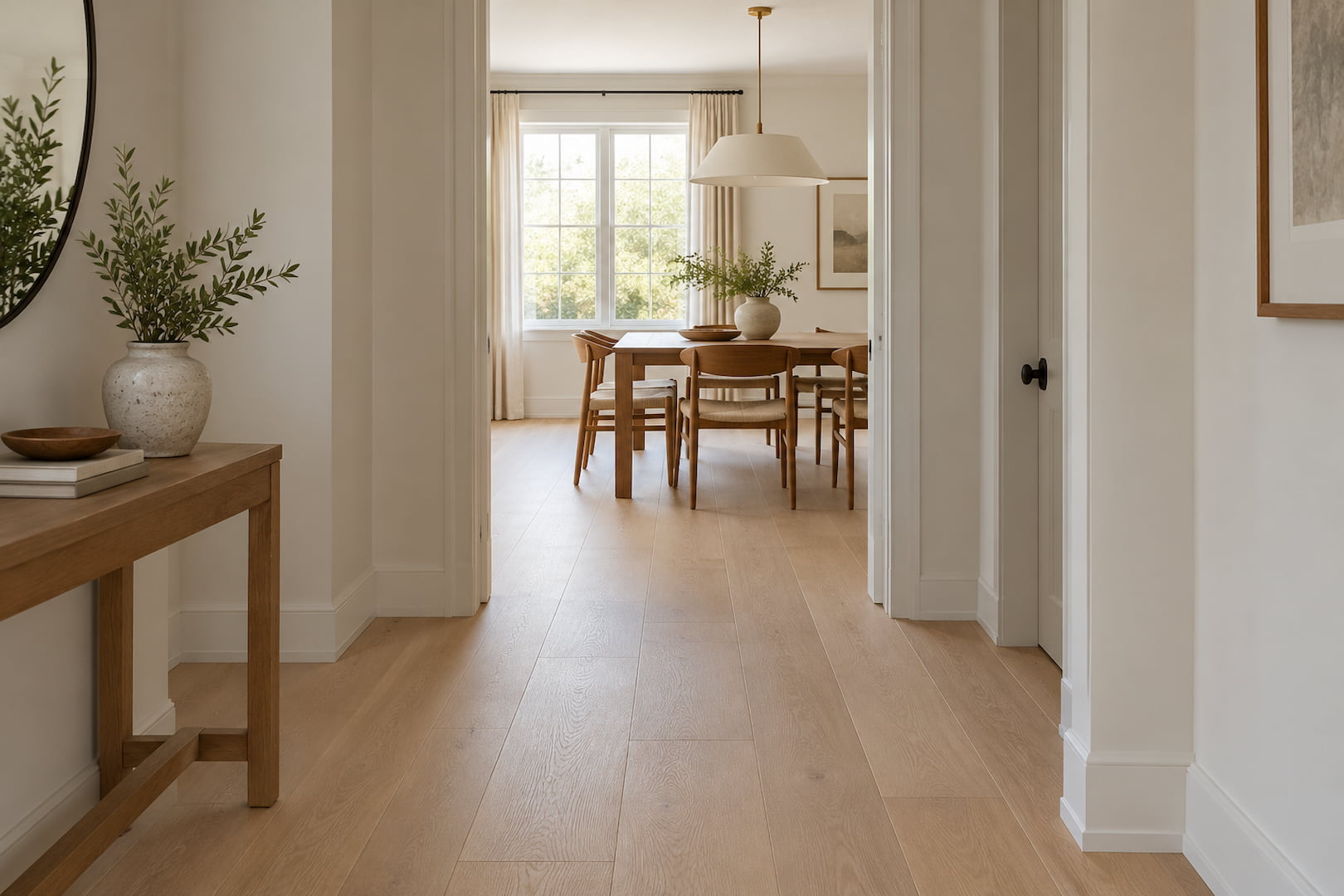 Light oak-look flooring connecting a hallway and dining room