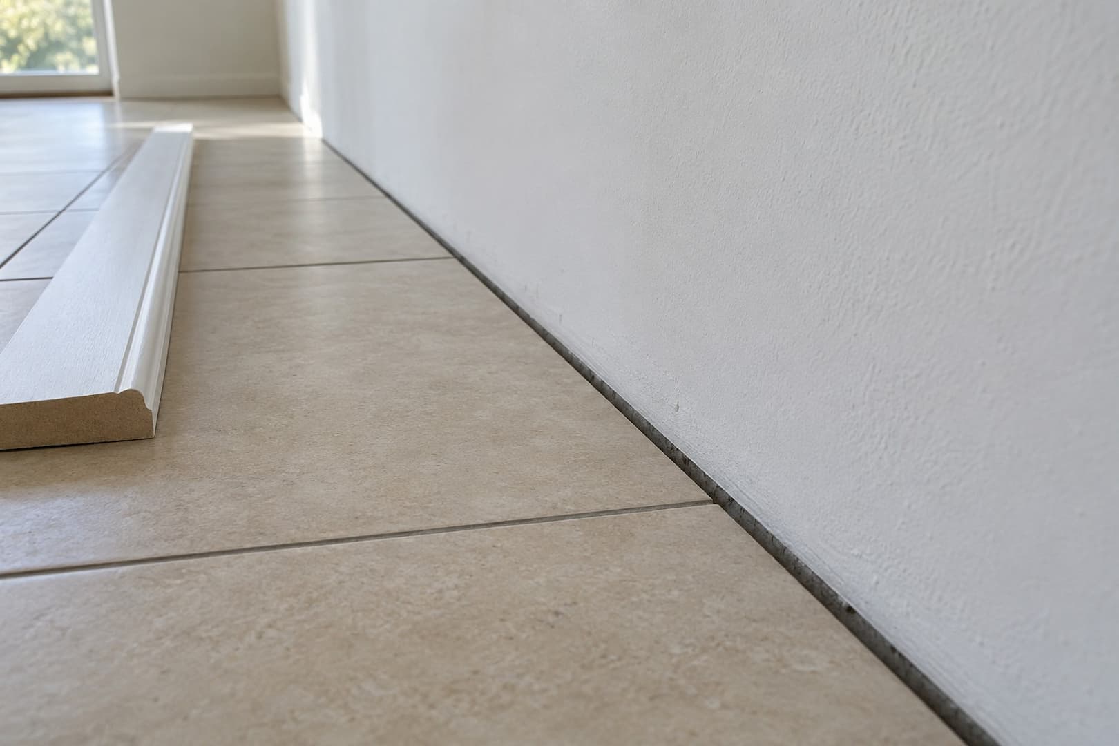 Floor tile stopping short of the wall with a clear perimeter gap exposed before baseboard installation